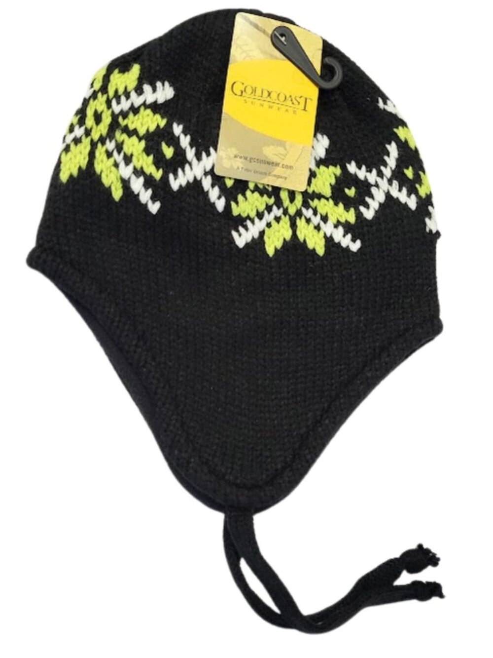 GOLD COAST SUNWEAR NWT Black Nordic Snowflake Knit Earflap Beanie Hat Unisex OS